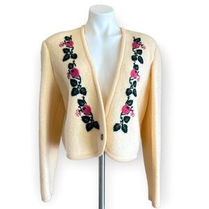 BRANDON Vintage Pure Virgin Wool Cropped Floral Embroidered Cardigan Size M